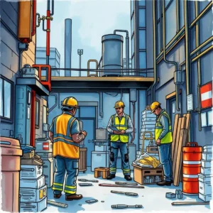 Root cause analyzer: Identify underlying issues in incidents 3 Workers conducting incident investigation in an industrial setting.