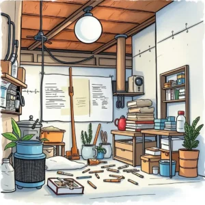 Root cause feedback compiler: Collect and summarize feedback on defects 6 Cluttered workspace with tools and plants, representing a root cause feedback compiler environment