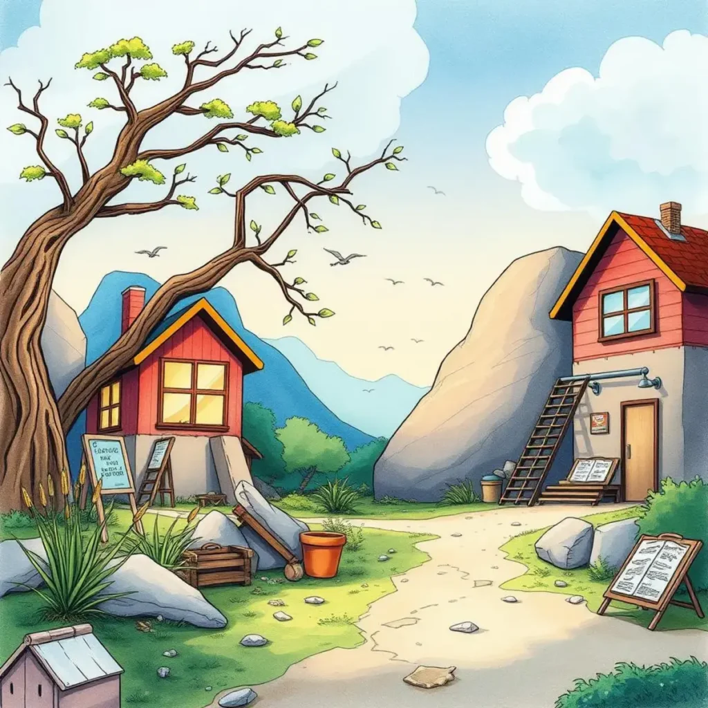 Root cause solution generator: Create effective remedy proposals 1 A serene landscape with two houses surrounded by trees and mountains.