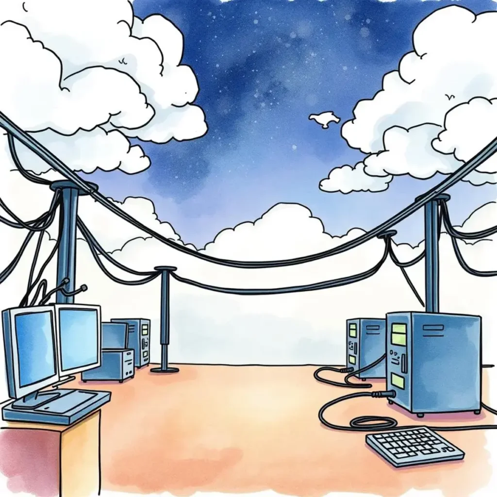 Routing configuration assistant: Simplify and optimize routing setup instructions 1 Illustration of network setup with computers and cables.