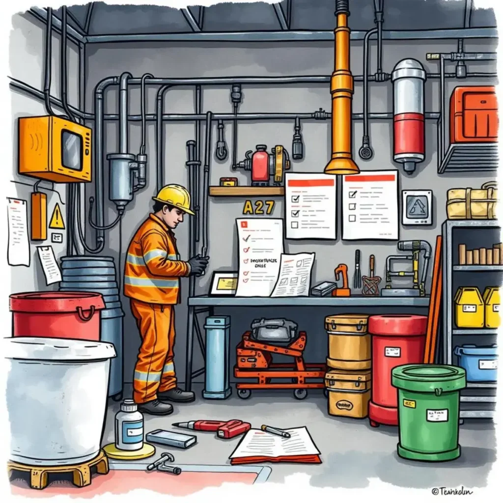 Safety audit checklist generator: Create detailed safety audit checklists 1 Facilities inspector reviewing safety audit checklist in maintenance area.