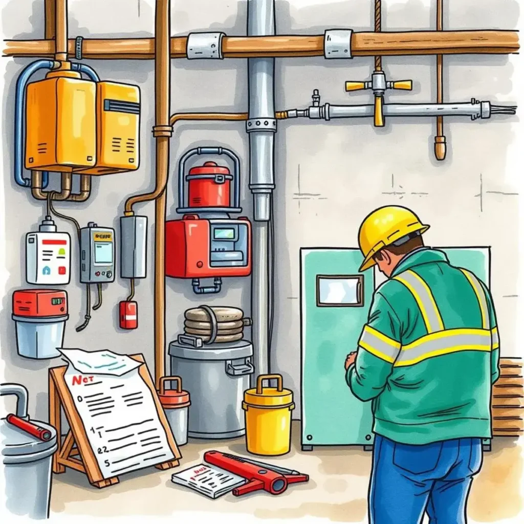 Safety audit findings summarizer: Summarize findings from safety audits 1 A safety compliance auditor reviewing equipment and checklists in a maintenance room.