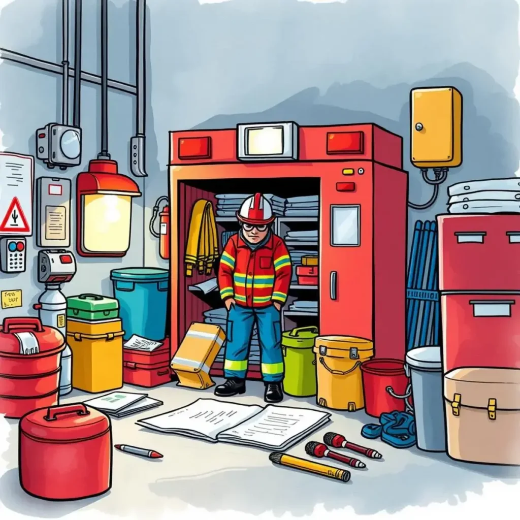 Safety equipment readiness evaluator: Assess readiness of safety equipment 1 A safety officer evaluates equipment readiness in a preparedness facility.