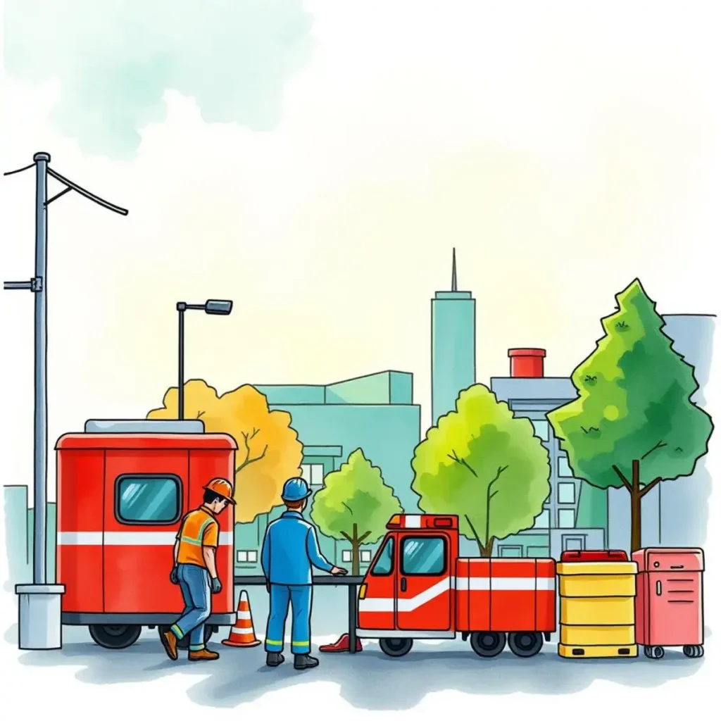 Safety incident brief generator: Summarize safety incidents for review 1 Two workers near emergency response vehicles in a cityscape.
