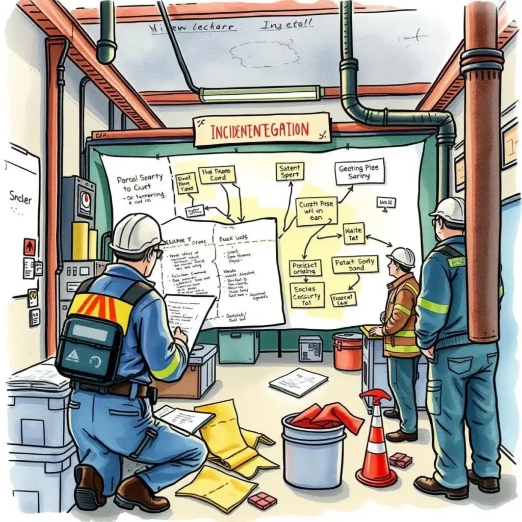 Safety incident root cause mapper: Map out causes of workplace safety incidents 1 Workers analyzing safety incident causes in a collaborative investigation space.