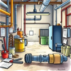 Maintenance facility interior with tools and safety inspection materials.