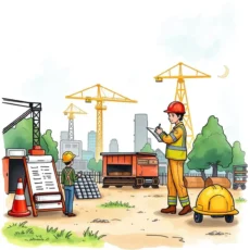 A worker documents safety inspections on a construction site, highlighting safety measures in action.