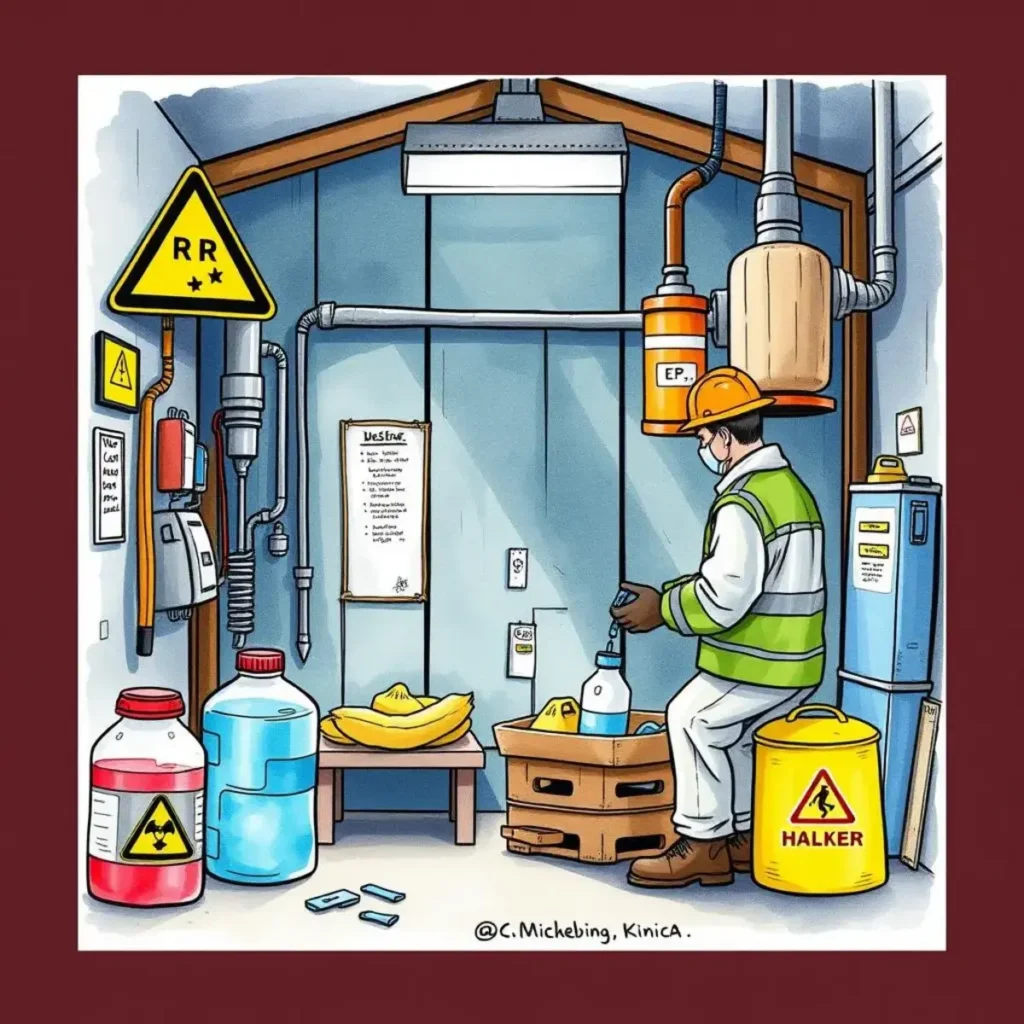 Safety protocols creator: Develop safety protocols for hazardous material handling 1 Worker in hazardous materials room developing safety protocols and handling chemicals.