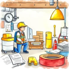 A safety officer kneeling in a facility with training materials and equipment.