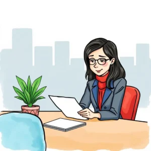Professional woman reviewing documents at a negotiation table.