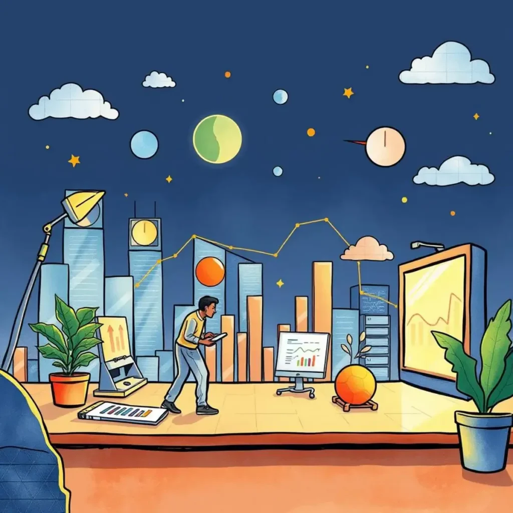 Market dynamics explorer: Analyze and visualize market dynamics and shifts 1 A person analyzes market trends amid vibrant graphical elements and cityscape.