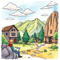 Person analyzing sales data in a scenic mountainous territory.