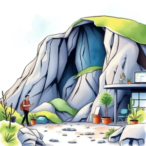 A person walking towards an office entrance among stylized rocks.