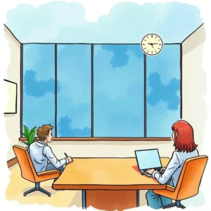Sales meeting recap generator: Generate concise recaps from sales meeting notes 2 Sales professionals in a meeting room brainstorming over a recap generator tool