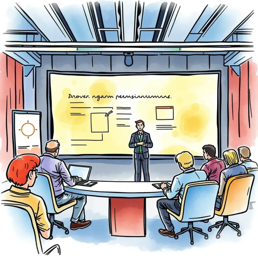 Sales presentation coach: Develop strategies for impactful product presentations 1 Sales coach presenting strategies to an engaged audience in a conference room.