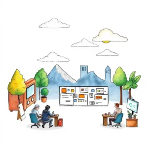 A creative workspace scene showcasing individuals brainstorming with digital tools in a nature-inspired setting.