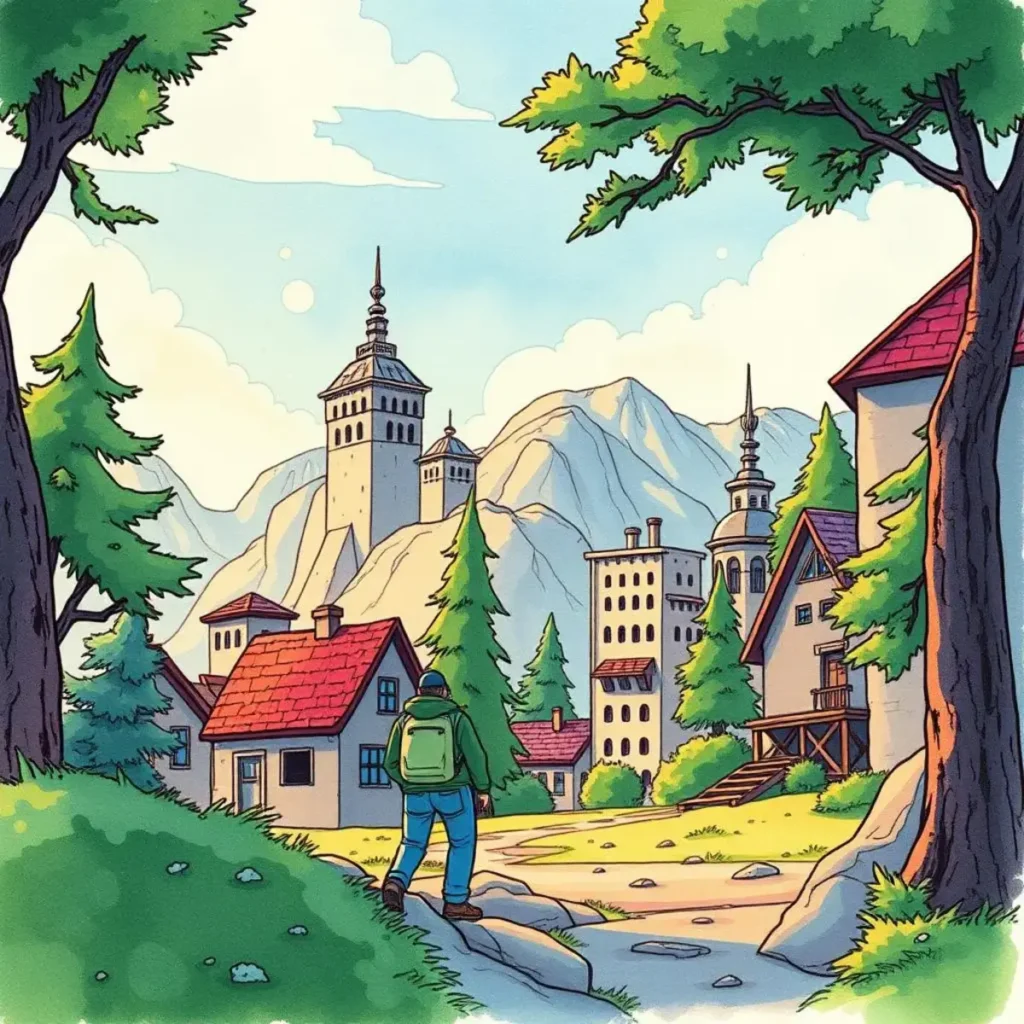 A person walking toward a picturesque village surrounded by mountains and trees, symbolizing exploration.