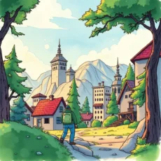A person walking towards a village surrounded by mountains and trees.