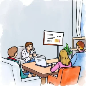 Team discussing customer feedback analysis during a presentation meeting.