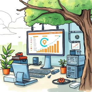 A modern workstation showcasing a computer screen with growth analytics and monitoring tools for IT professionals.