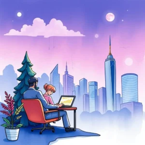 Financial analysts reviewing scenario texts with a city skyline backdrop.