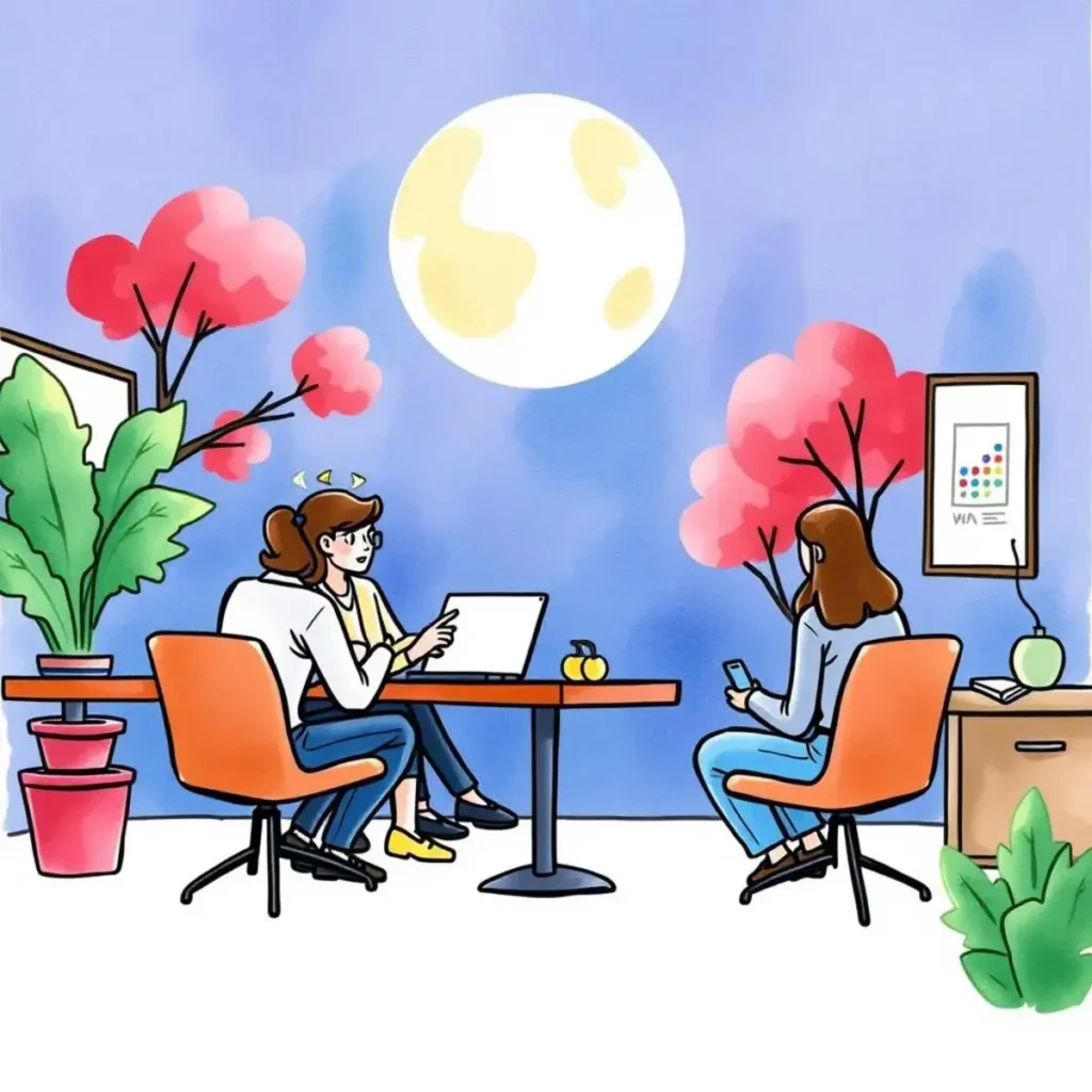 Schedule meeting assistant: Optimize meeting times with AI scheduling suggestions 1 Two professionals discussing meeting scheduling under a full moon backdrop.