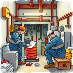 Scheduled maintenance report writer: Write reports on scheduled maintenance tasks efficiently 9 Two workers reviewing maintenance reports in a storage area.
