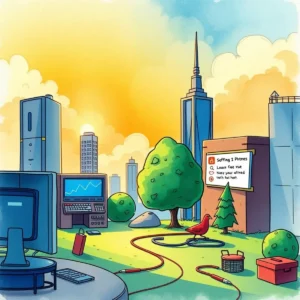 Patch notification assistant: Generate notifications for upcoming patches 1 A vibrant outdoor workspace showing a computer setup among greenery and city buildings, symbolizing IT tools.