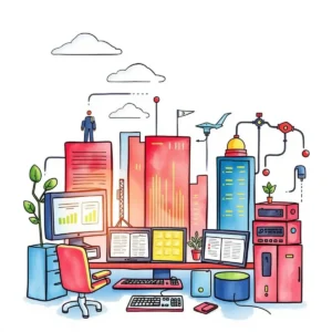 Vulnerability report generator image depicting an IT workspace with data visualization and security elements
