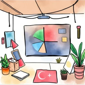 Illustration of a workspace with market segmentation charts and greenery.