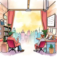Professionals discussing market insights in a modern office setting.