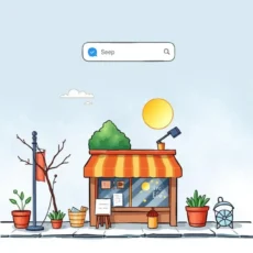 Illustration of a local shop with a search bar above it.