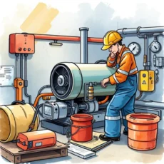Worker inspecting industrial equipment for maintenance compliance in manufacturing setting.