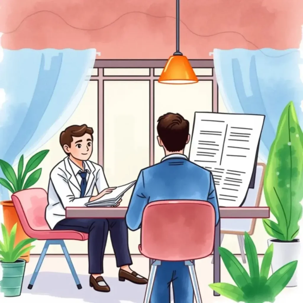 ExcerptWizard: AI Tool for Effortless Excerpt Creation 1 Concise meeting scene depicting a professional discussing service requests with a colleague in an office.