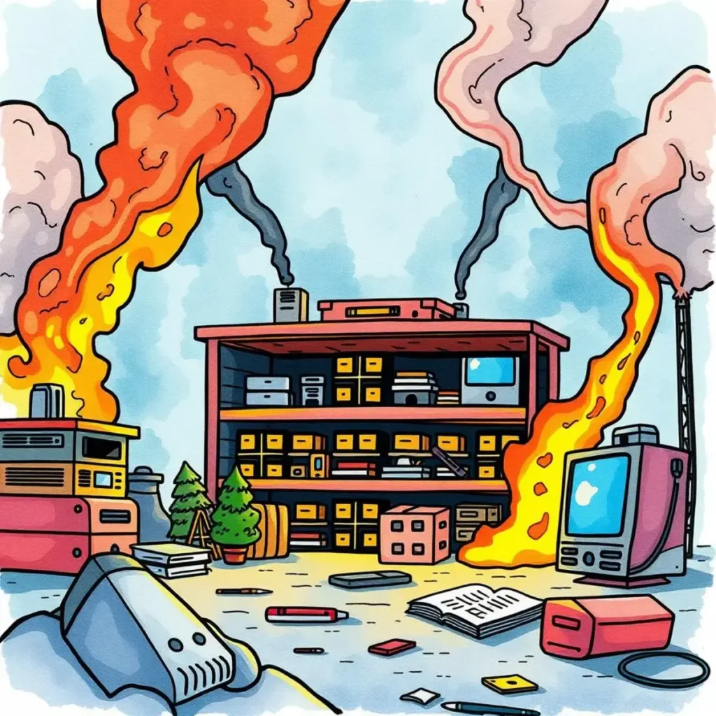 Service level agreement drafting tool: Generate SLA templates for clarity and compliance 1 Burning storage facility depicting chaos and urgency in disaster recovery planning for IT departments