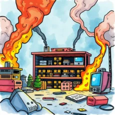 Burning storage facility depicting chaos and urgency in disaster recovery planning for IT departments