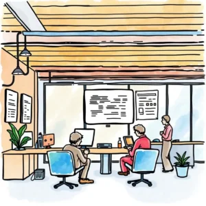 A modern office scene showcasing stakeholders collaborating on SLA feedback in IT management
