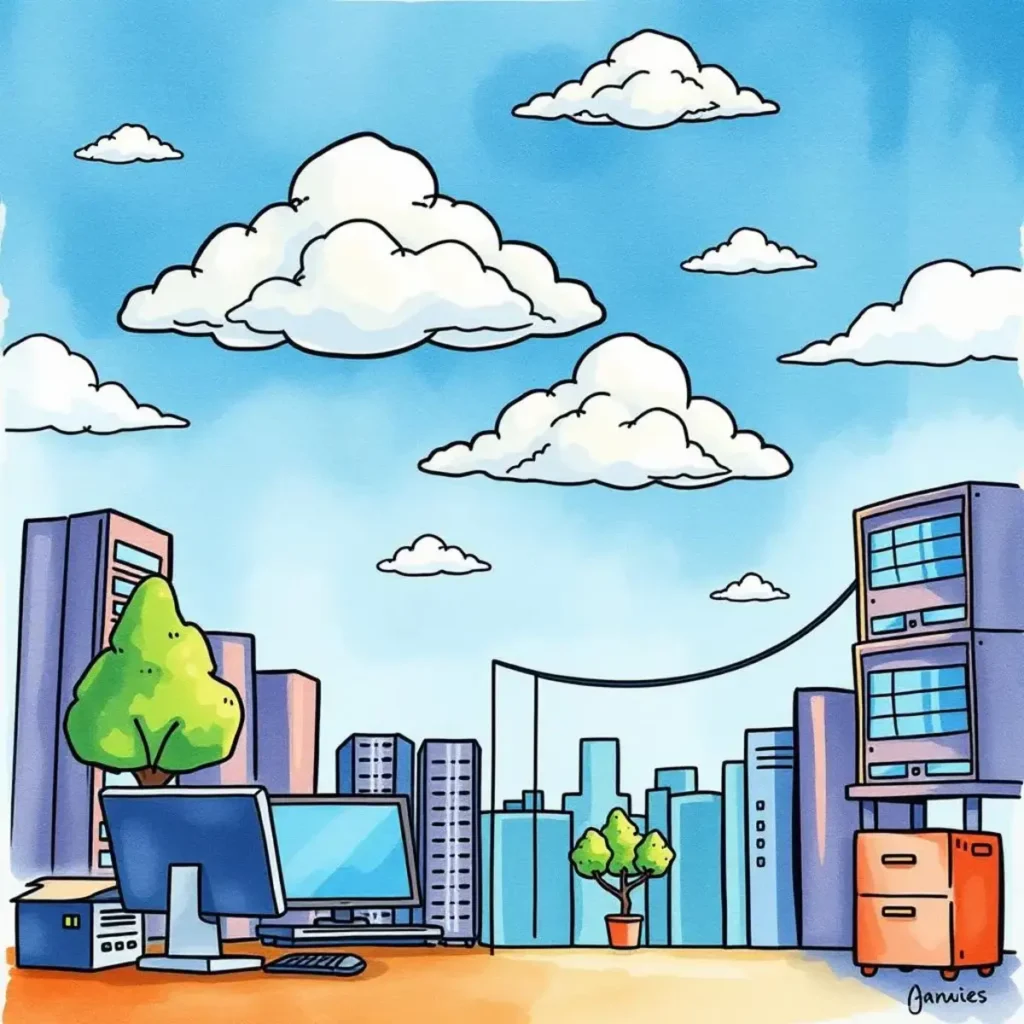 Sla review text analyzer: Analyze current SLAs for insights and recommendations 1 A vibrant office landscape representing it service and cloud management.