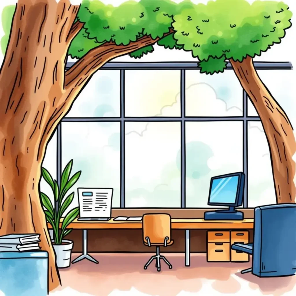 Sla summary generator: Create summaries of existing SLAs for review 1 A bright office space with trees, a desk, and a computer setup.