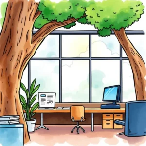 A serene office space featuring trees, a desk with a computer, and plants for a productive environment