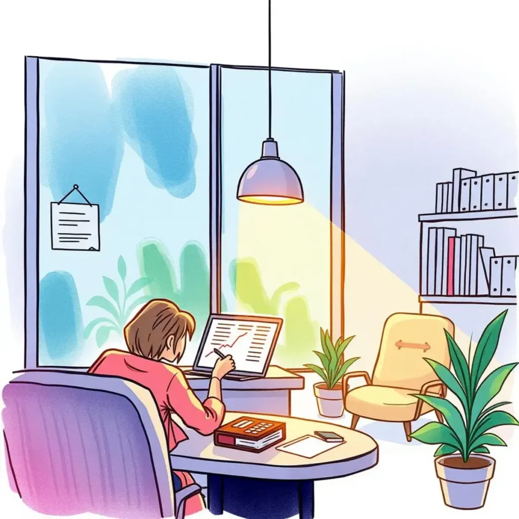 Service quality metrics generator: Develop metrics to assess service quality performance 1 A person analyzing service quality metrics in a bright, modern office space with plants.