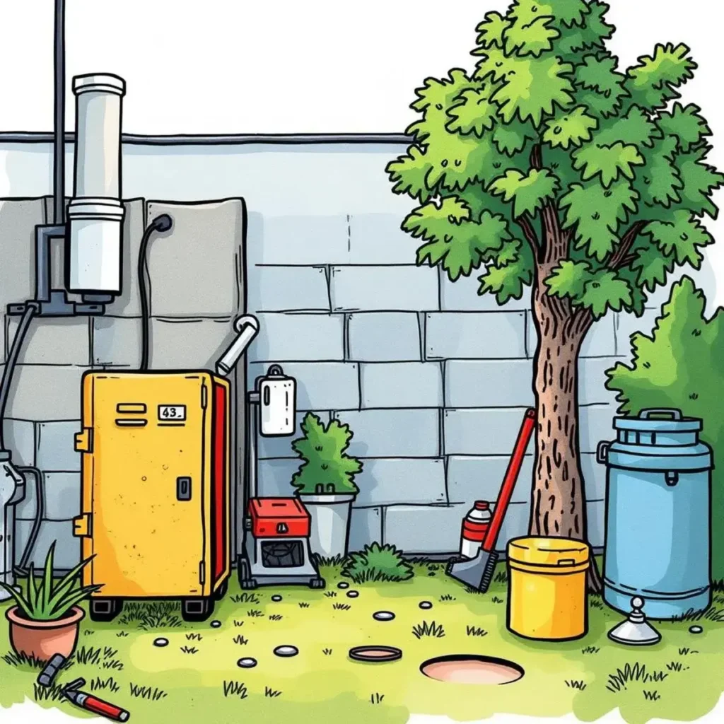 Service request composer: Format and generate maintenance service requests 1 A yellow maintenance equipment storage area featuring tools and greenery for service operations in facilities management.
