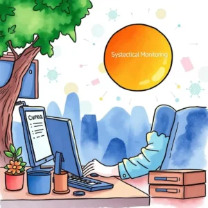 Service request template maker: Craft standardized service request templates instantly 5 Illustration of a workplace focusing on system monitoring tasks.