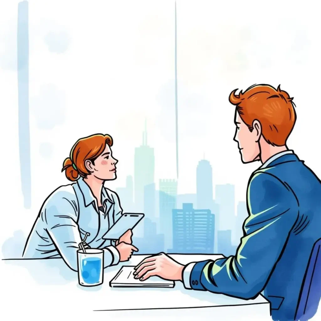 Two professionals discussing shareholder messaging in a finance setting.