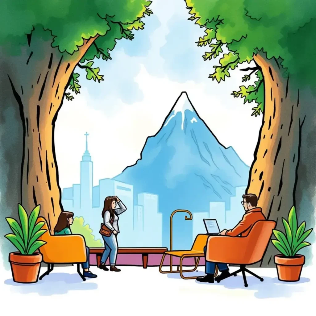 Engagement Effectiveness Calculator tool visualized with a mountain backdrop and office scene.