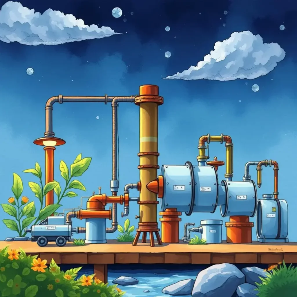 Simulation documentation assistant: Assist in writing simulation documentation 1 Colorful illustration of a process simulation setup with pipelines and machinery.