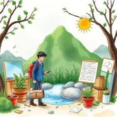 A young person evaluates skills in a serene natural setting.