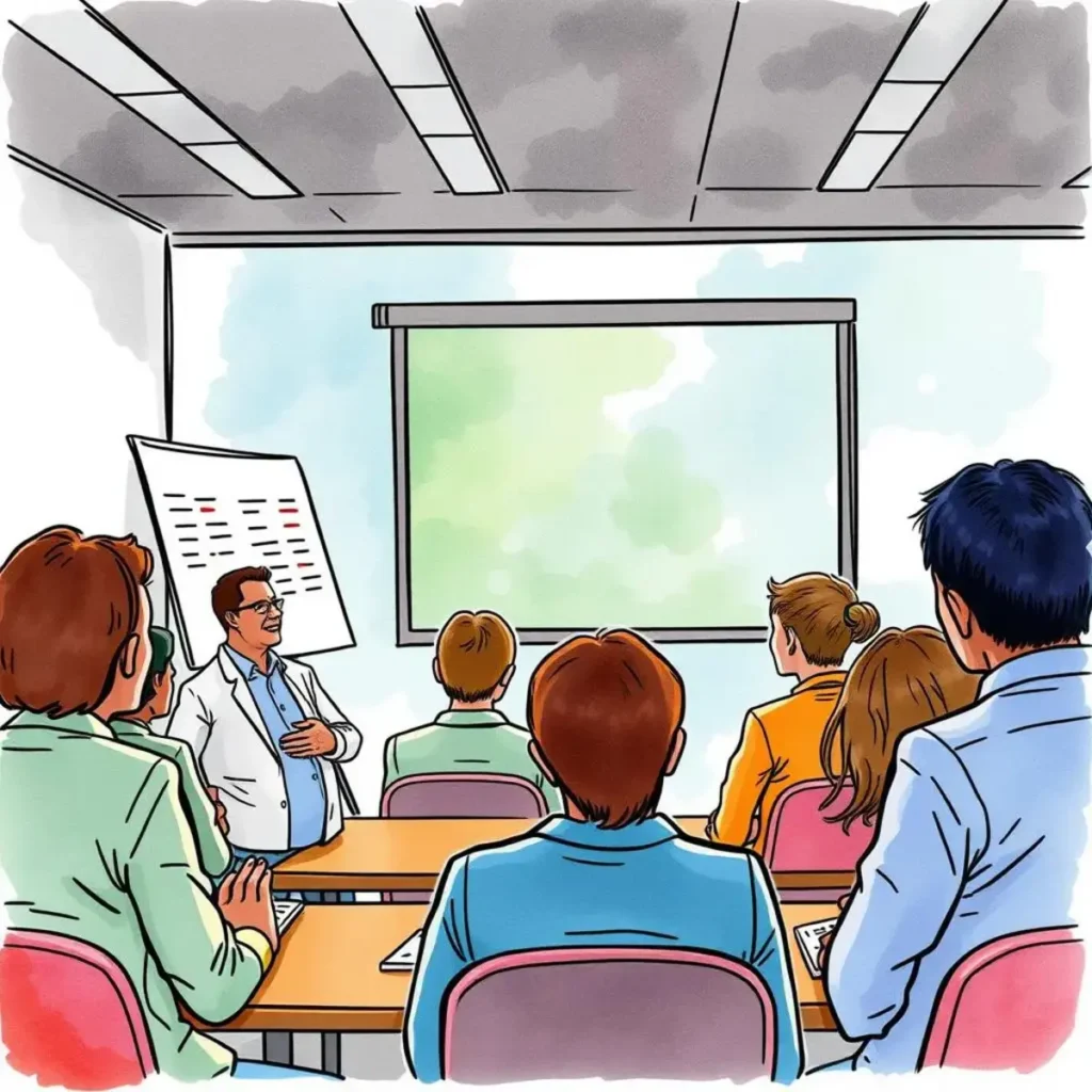 Skill development insights generator: Extract learning outcomes from training feedback 1 Diverse professionals engaged in training presentation session.