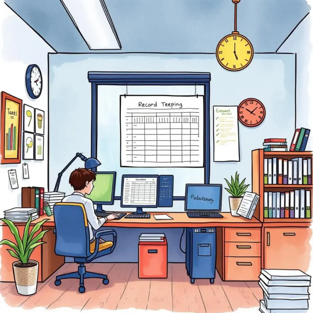 Smart report creator: Input data and receive formatted reports 1 Person using a computer in an office for record keeping tasks.