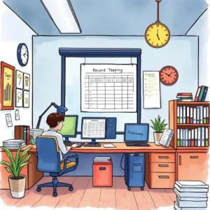 Person using a computer in an office for record keeping tasks.